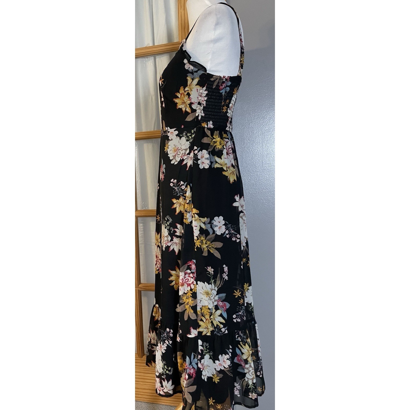 Tuchuzy Floral Midi Dress Sz S Black Yellow Smocked Ruffles Boho Party — image 2 of 8